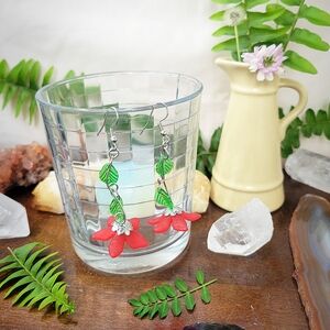 Red Green Leafed Flower Fairy Earrings - Stainless Steel - Handmade